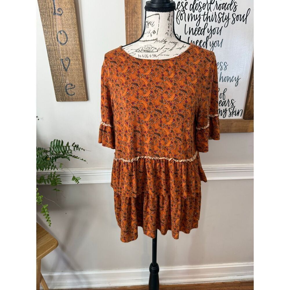 Matilda Jane Womens Floral Ruffle Ribbon Tie Back Tiered Tunic Rust Brown Medium
